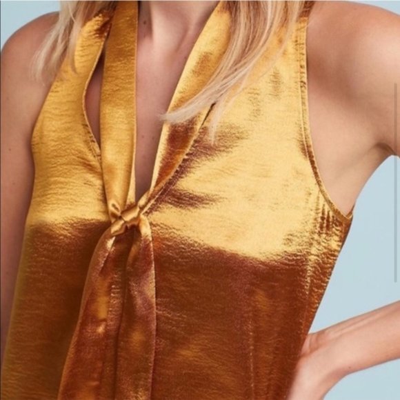 Anthropologie Maeve Gold Metallic Neck Tie Tank - Picture 2 of 8